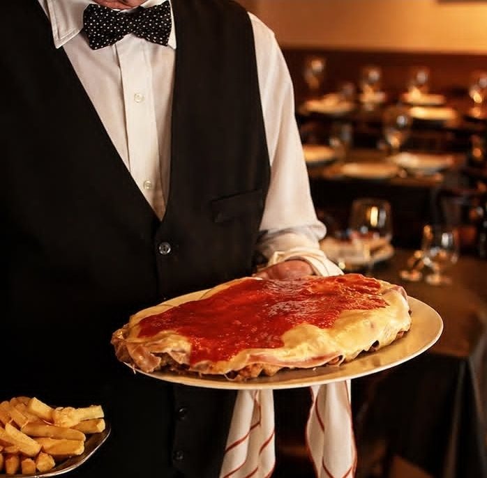 Un mozo lleva una milanesa a la napolitana